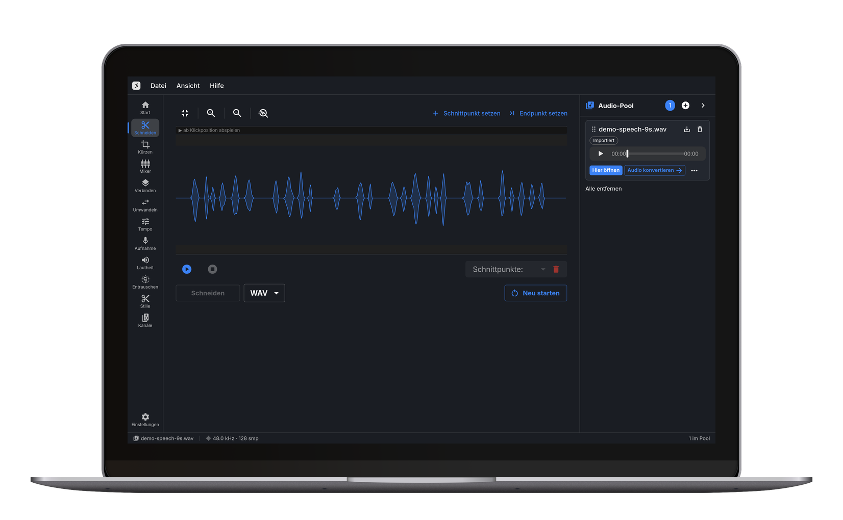 Cutdesk unter Windows: der Audio-Schnitt mit einer Sprach-Wellenform, daneben Werkzeugleiste, Audio-Pool und Statusleiste.