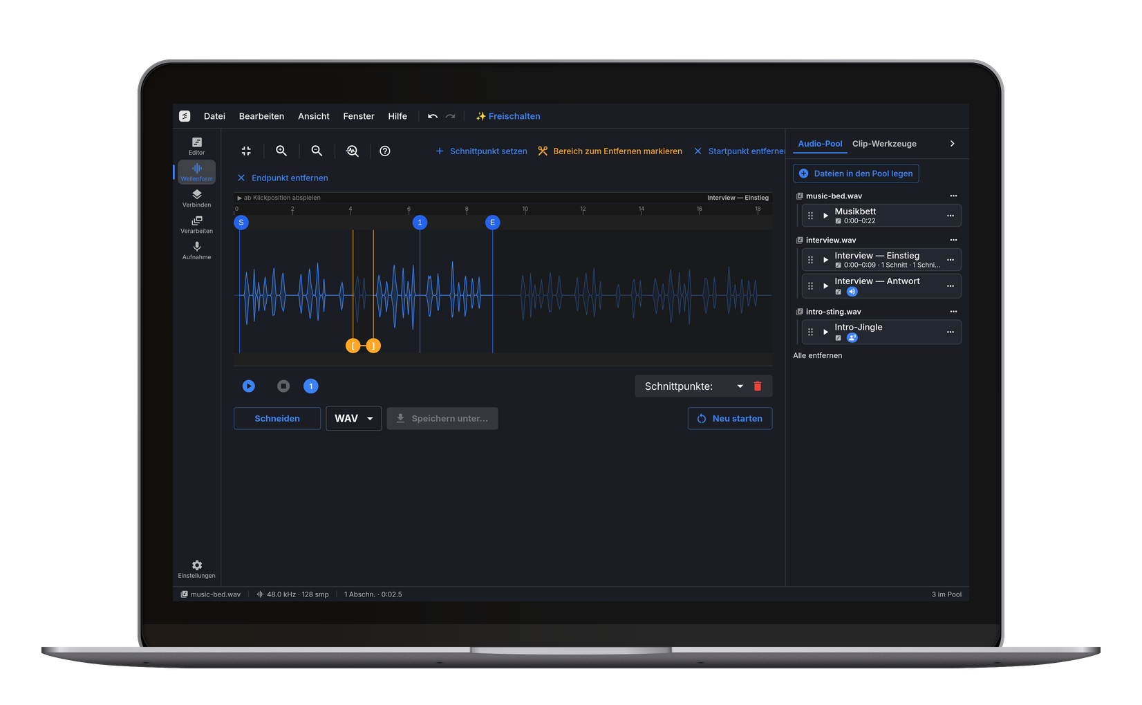 Der Editor in cut.audio Studio, der Windows-App