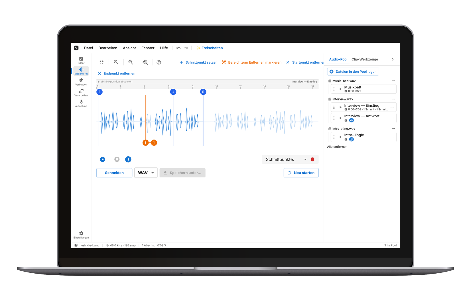 Der Editor in cut.audio Studio, der Windows-App