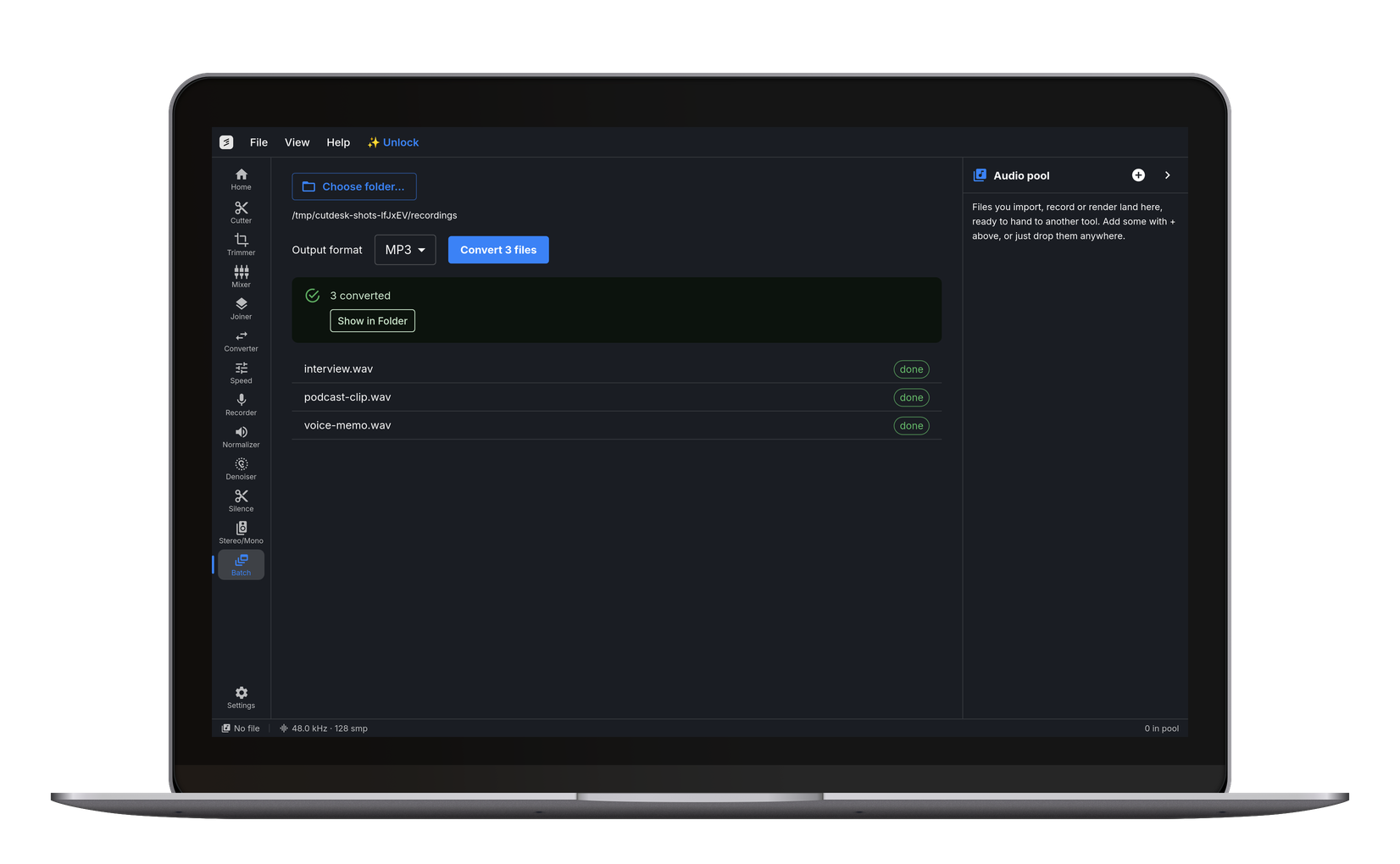 Batch: convert a whole folder in one run.