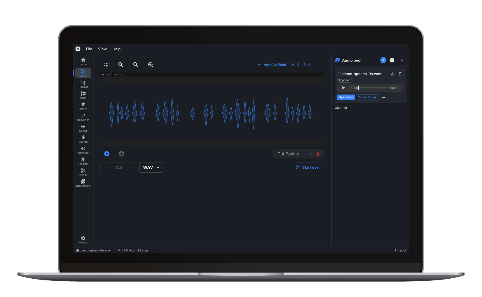 Cutdesk on Windows: the audio cutter open on a speech waveform, with the tool rail, audio pool and status bar around it.