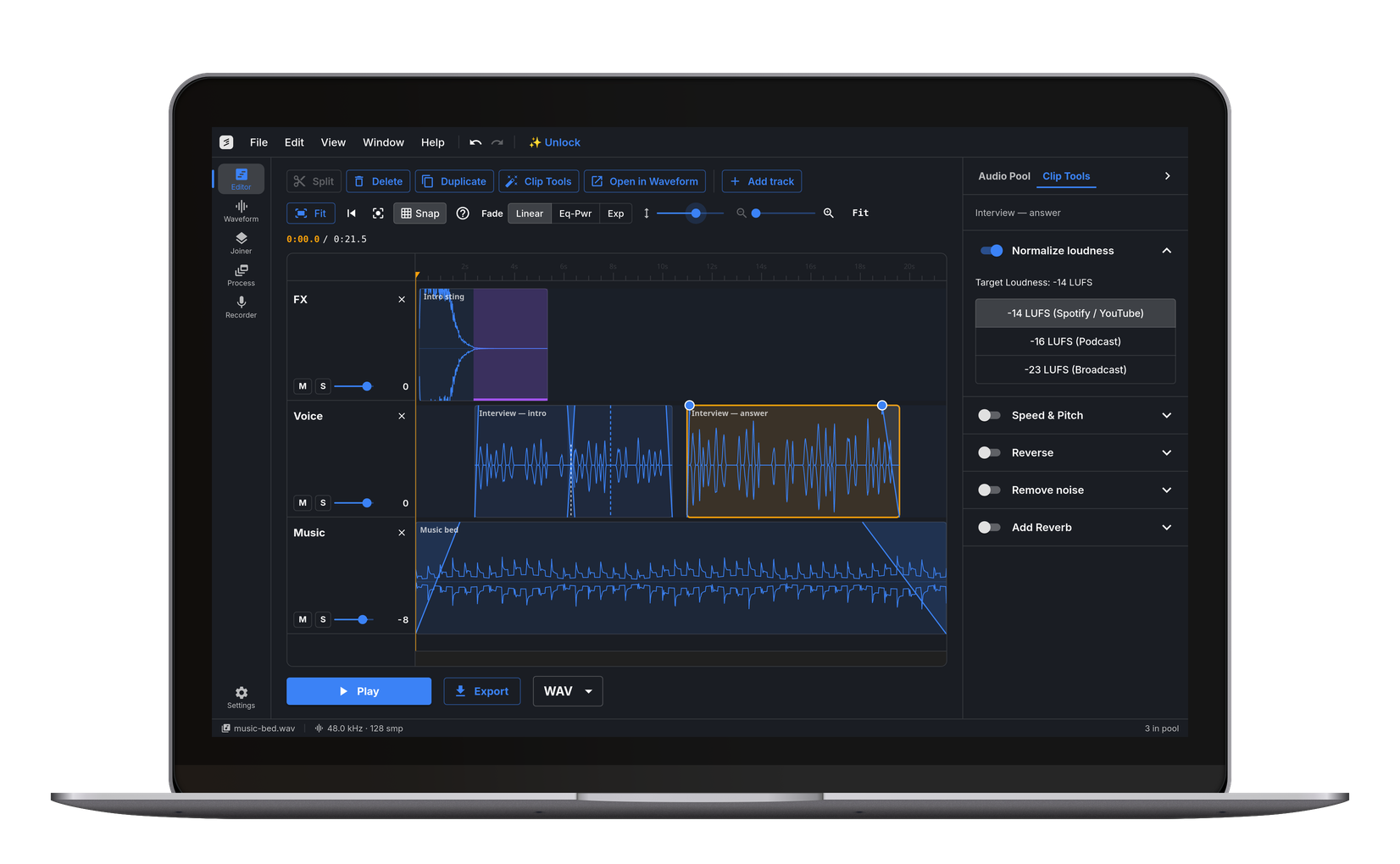The editor in cut.audio Studio, the Windows app