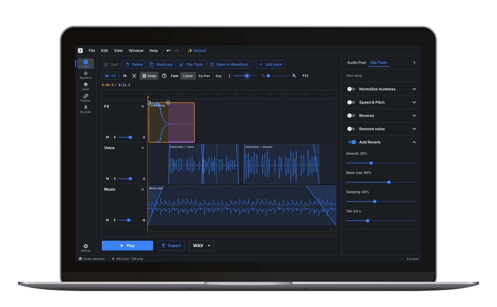 Clip Tools: effects are switches. Here a reverb, its three-second tail marked on the clip.