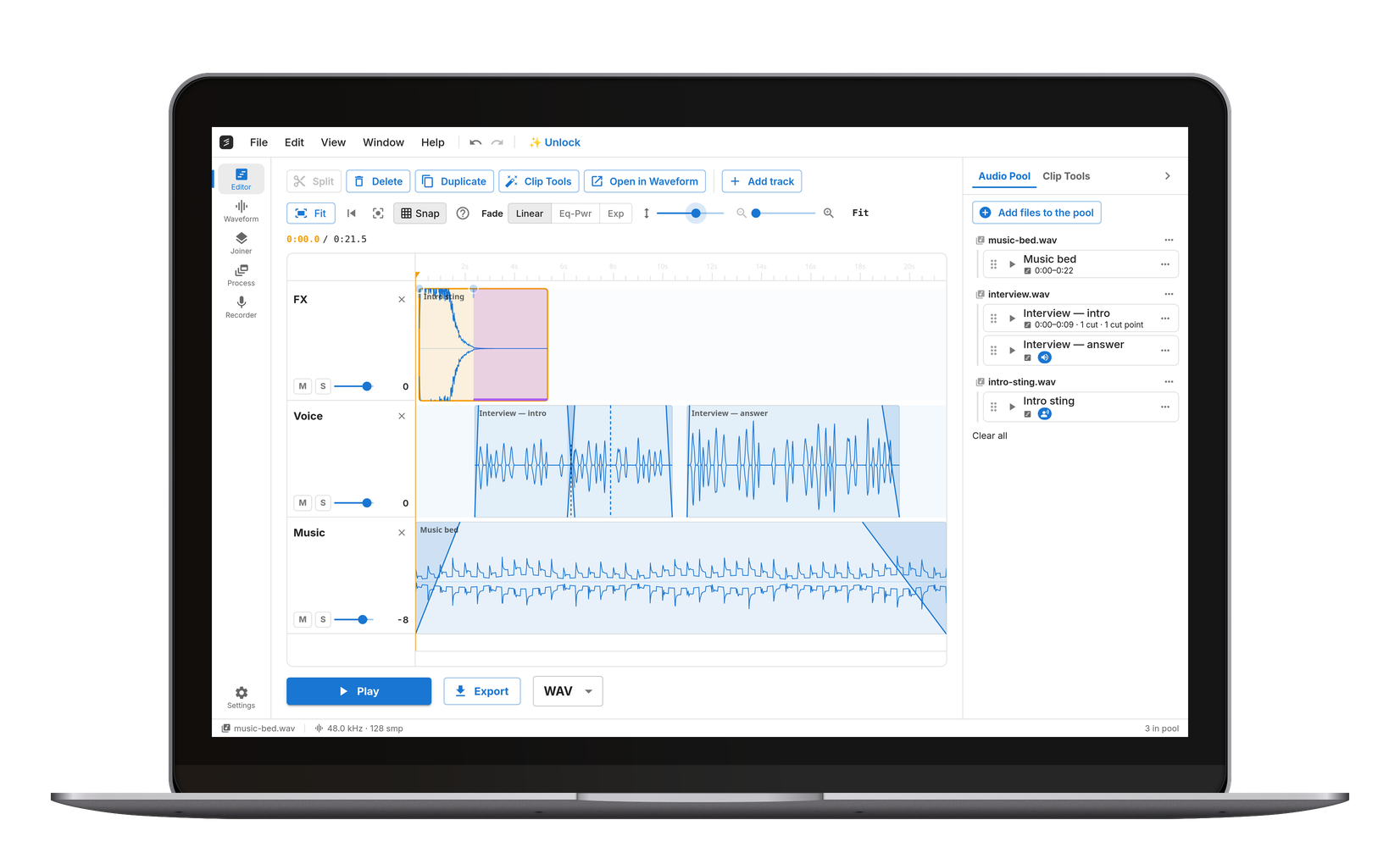 Audio Pool: every file and the clips made from it, ready to drag onto the timeline.