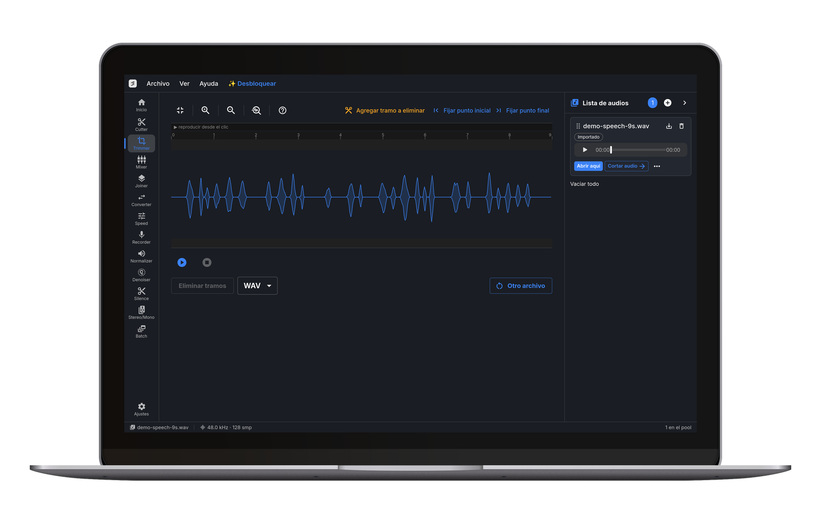 Recortar audio: selecciona un fragmento y elimínalo del medio.
