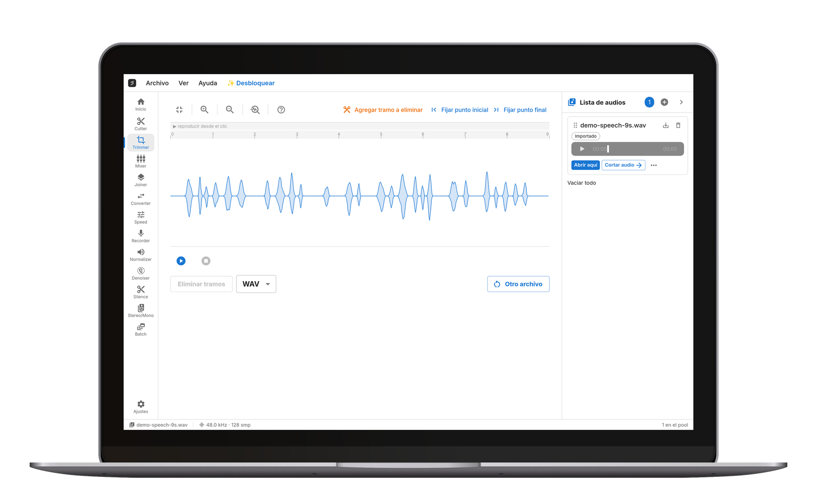 Recortar audio: selecciona un fragmento y elimínalo del medio.