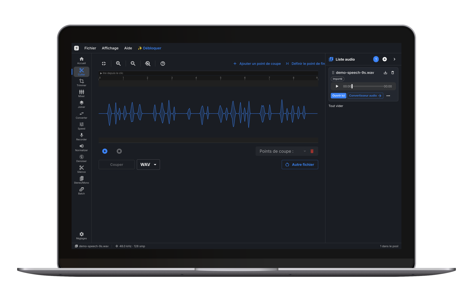 Cutdesk sous Windows : l'outil de découpe avec une forme d'onde ouverte, entouré de la barre d'outils, de la liste audio et de la barre d'état.