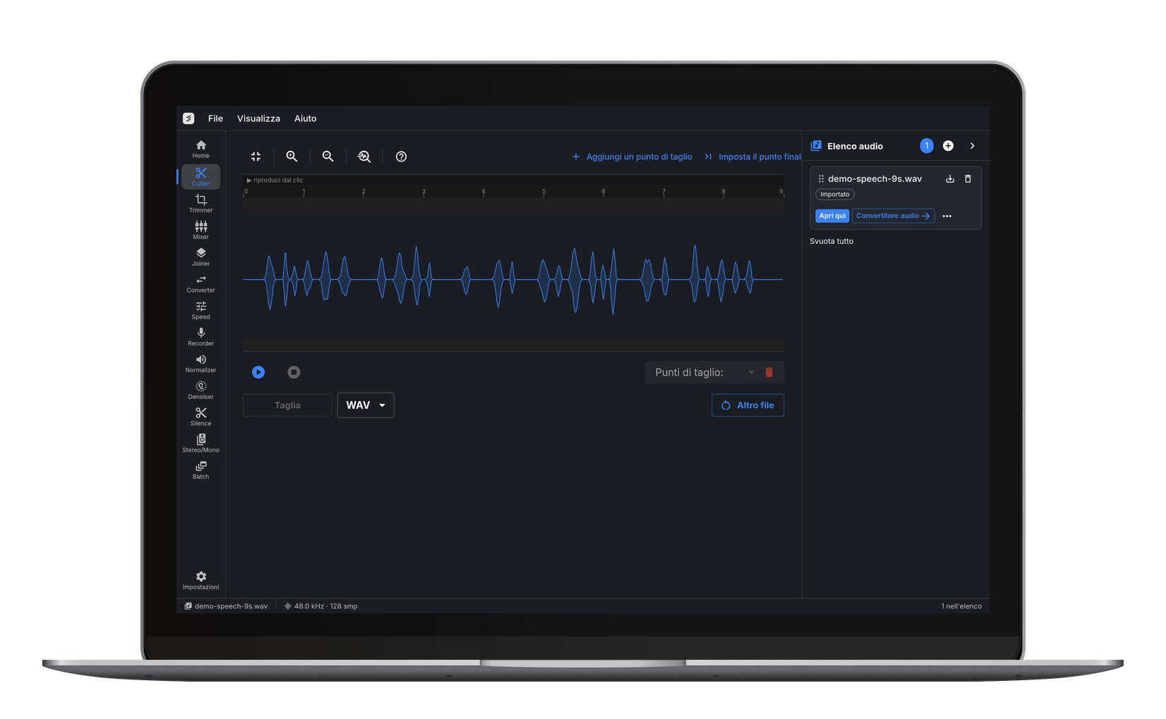 CutDesk per Windows: la forma d'onda aperta nello strumento di taglio, con barra degli strumenti, elenco audio e barra di stato intorno.