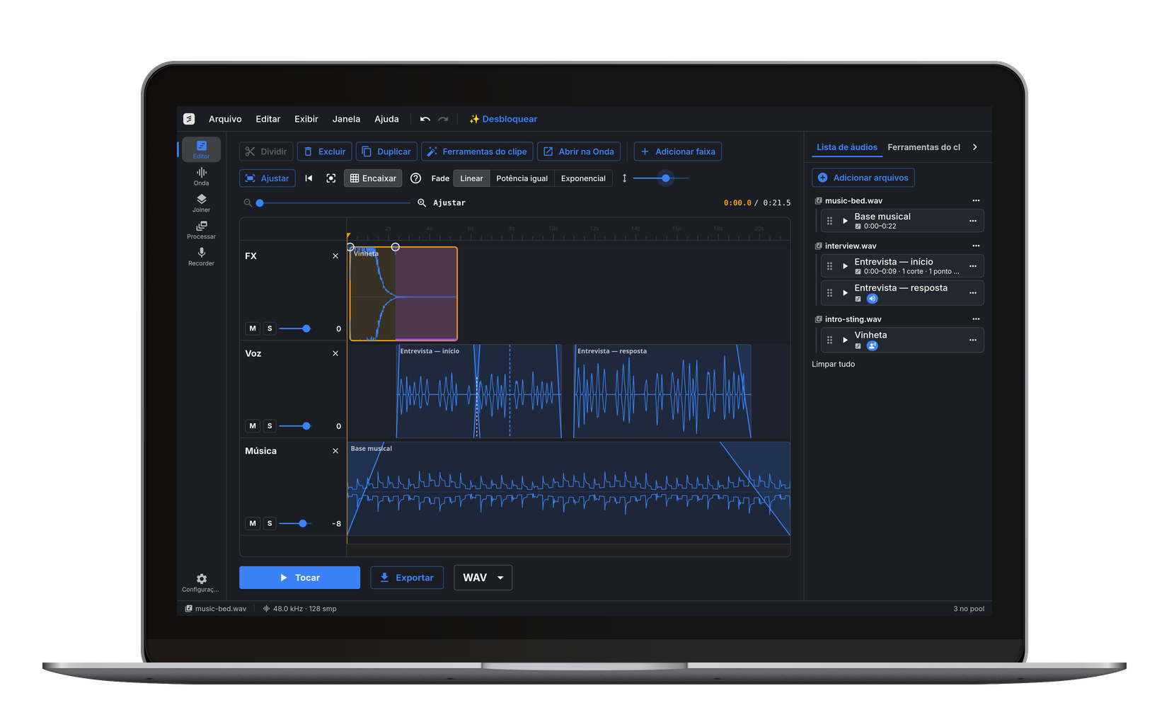 Audio pool: cada arquivo e os clipes feitos a partir dele, prontos para arrastar para a linha do tempo.