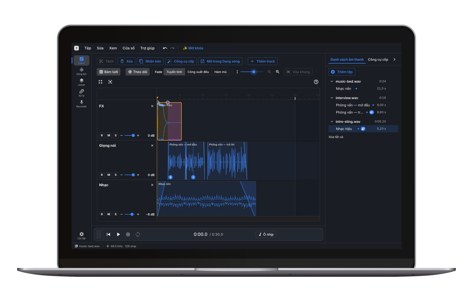 Audio Pool: mọi tệp và các clip tạo ra từ chúng, sẵn sàng để kéo lên timeline.